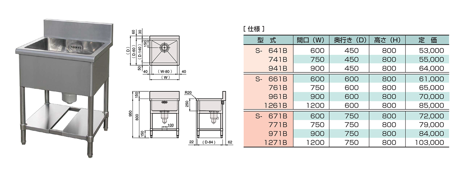 一槽シンク(バックガード付き)｜業務用厨房機器の製造 仲産業株式会社