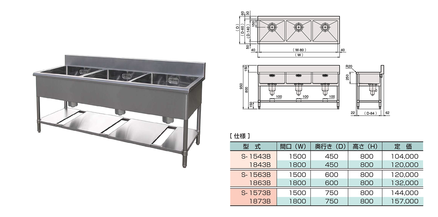 三槽シンク(バックガード付き)｜業務用厨房機器の製造 仲産業株式会社